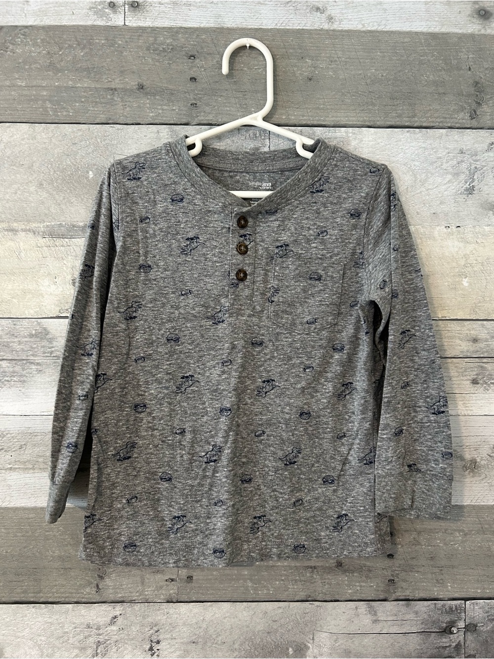 Kids' Long-Sleeve Gray Henley Tee with Navy Print